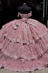 Off-Shoulder Ball Gown with Beaded Appliques 3D Floral Ruffles and Sparkly Pink Tulle for Quinceanera & Sweet 16 Celebrations